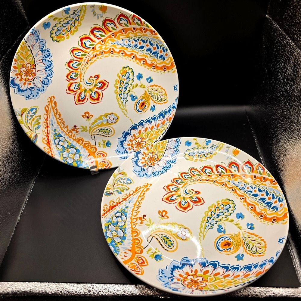 Pier 1 Imports "Happy Paisley"‎ Dinner Plates 10.5" Set of 2 Colorful Porcelain